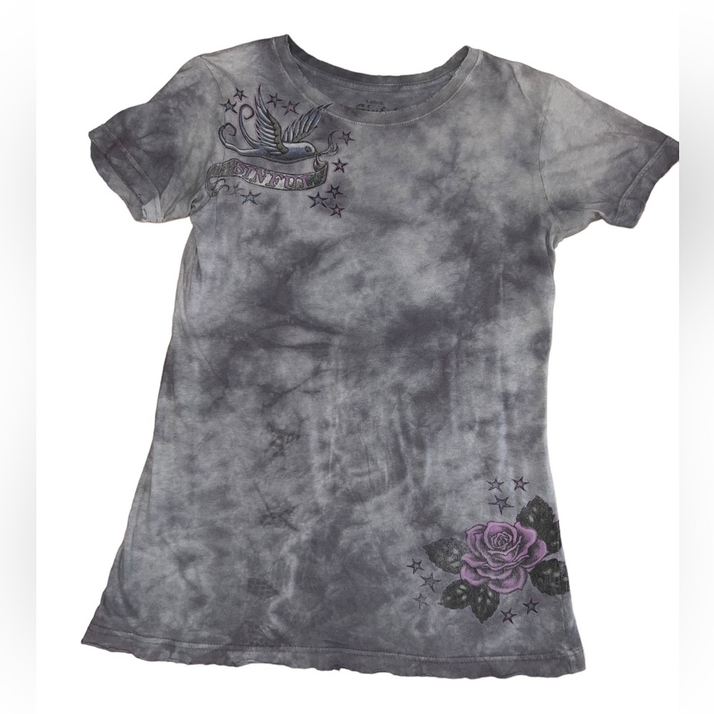 Sinful Women’s Gray Tee With Rhinestones and Tattoo theme Size L